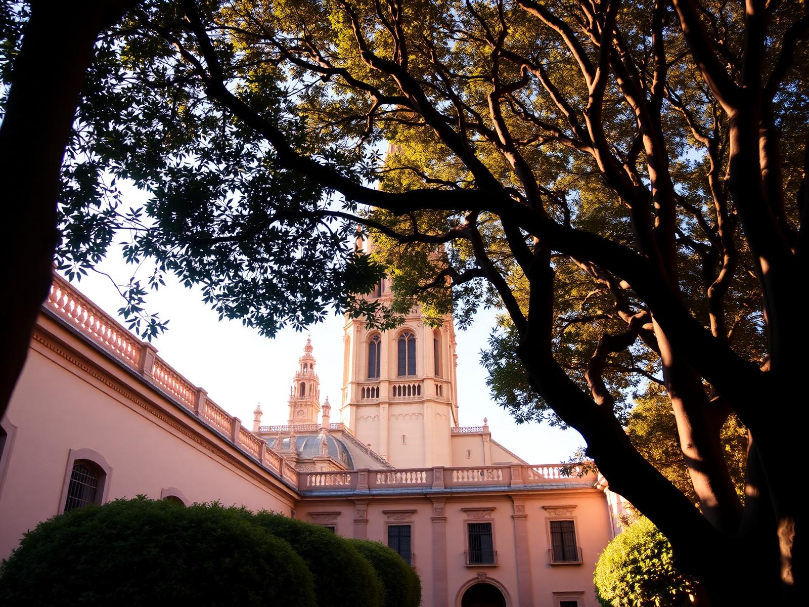 Torre y fachadas de Sevilla vistas entre las ramas de un árbol