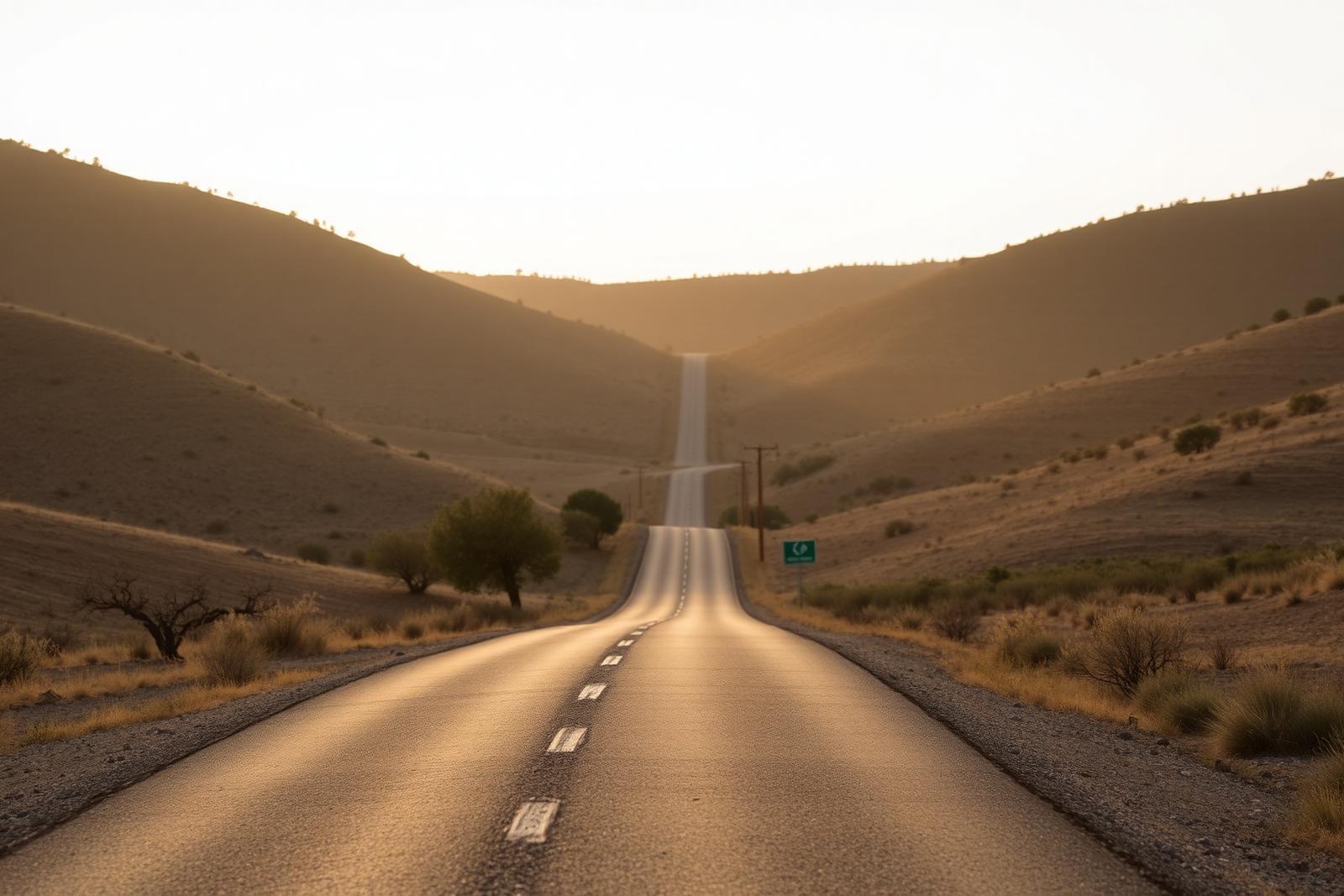 Carretera vacía entre colinas secas al atardecer