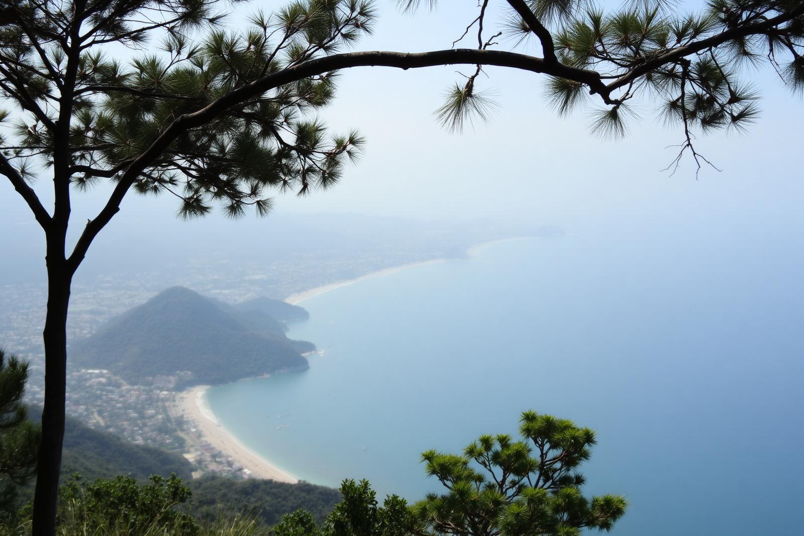 Bahía de Acapulco vista desde lo alto entre ramas de pino