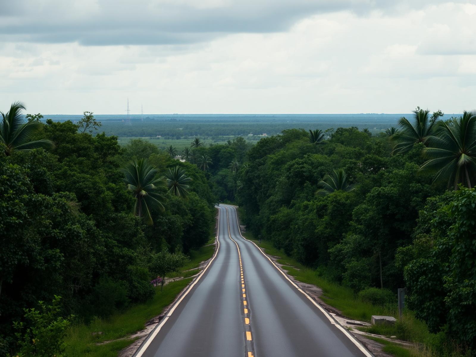 Carretera recta atravesando la selva baja de Yucatán
