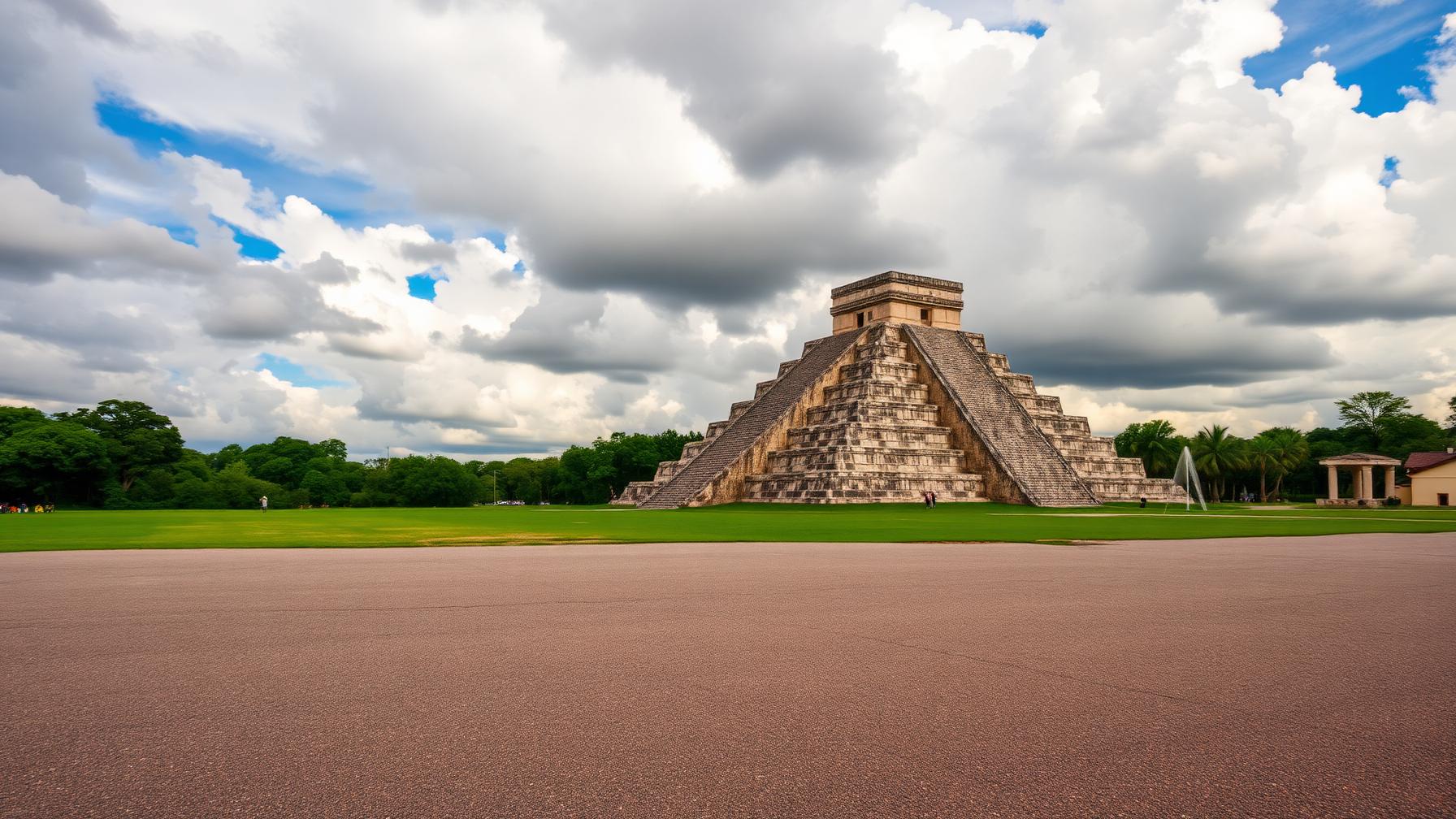 Explanada de Chichén Itzá con la pirámide bajo nubes de tormenta