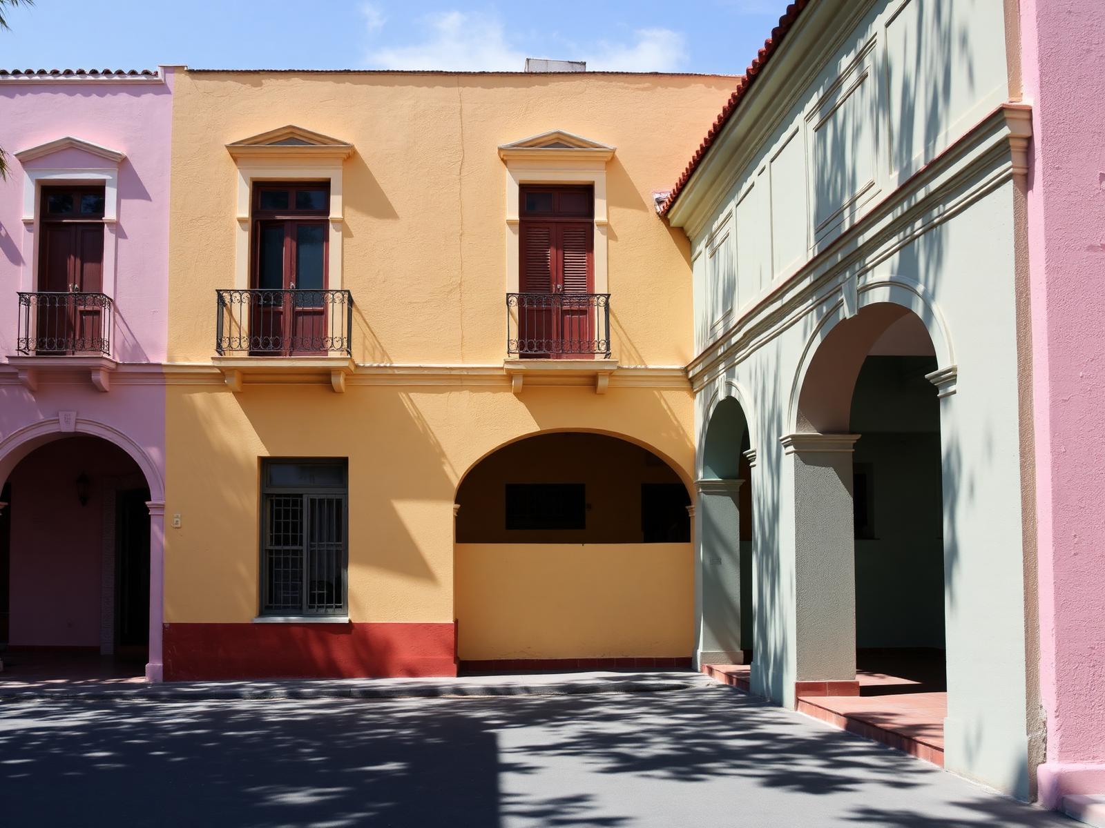 Patio colonial de Valladolid con muros pintados en tonos pastel