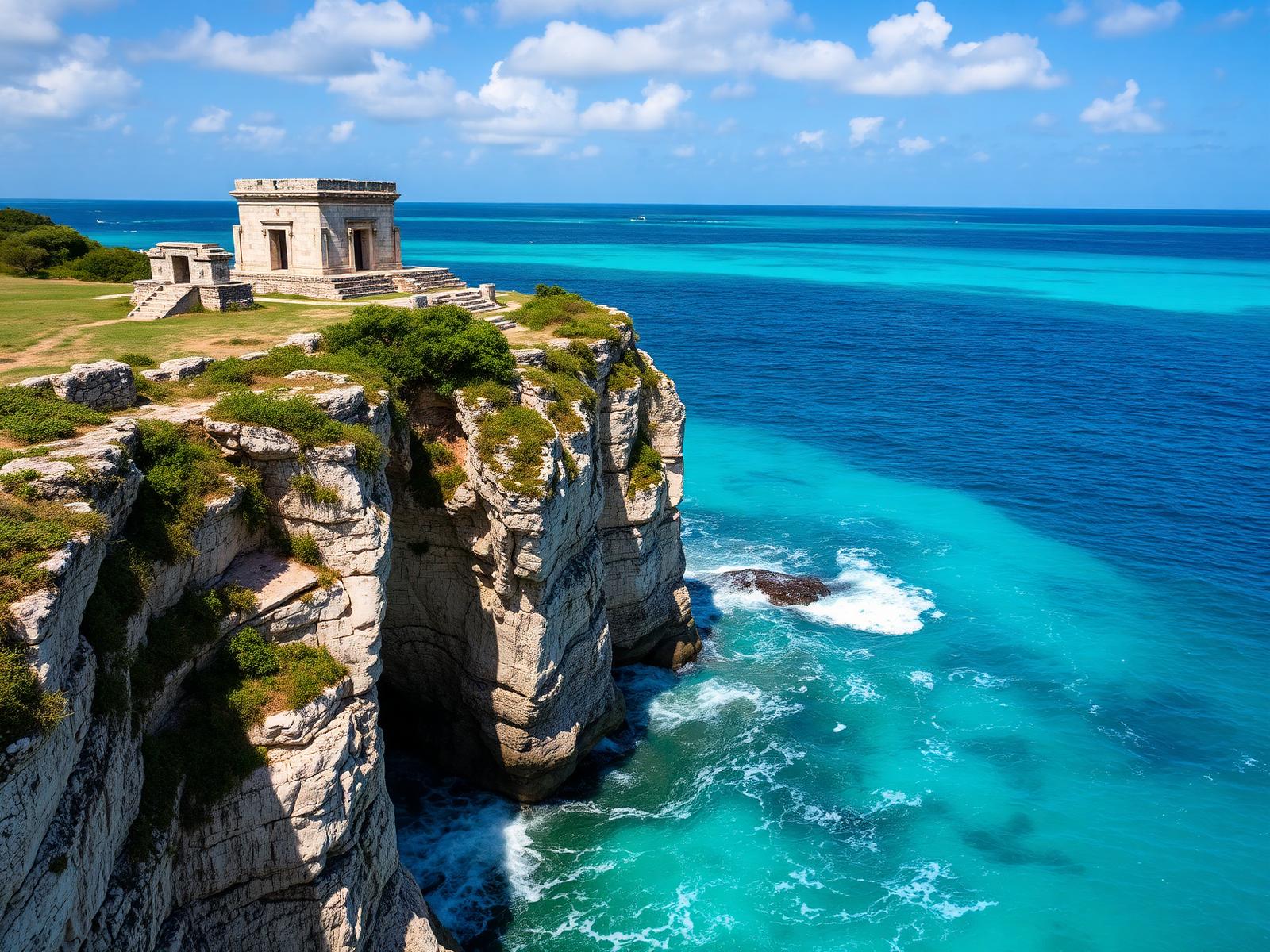Ruinas mayas de Tulum sobre el acantilado frente al mar Caribe