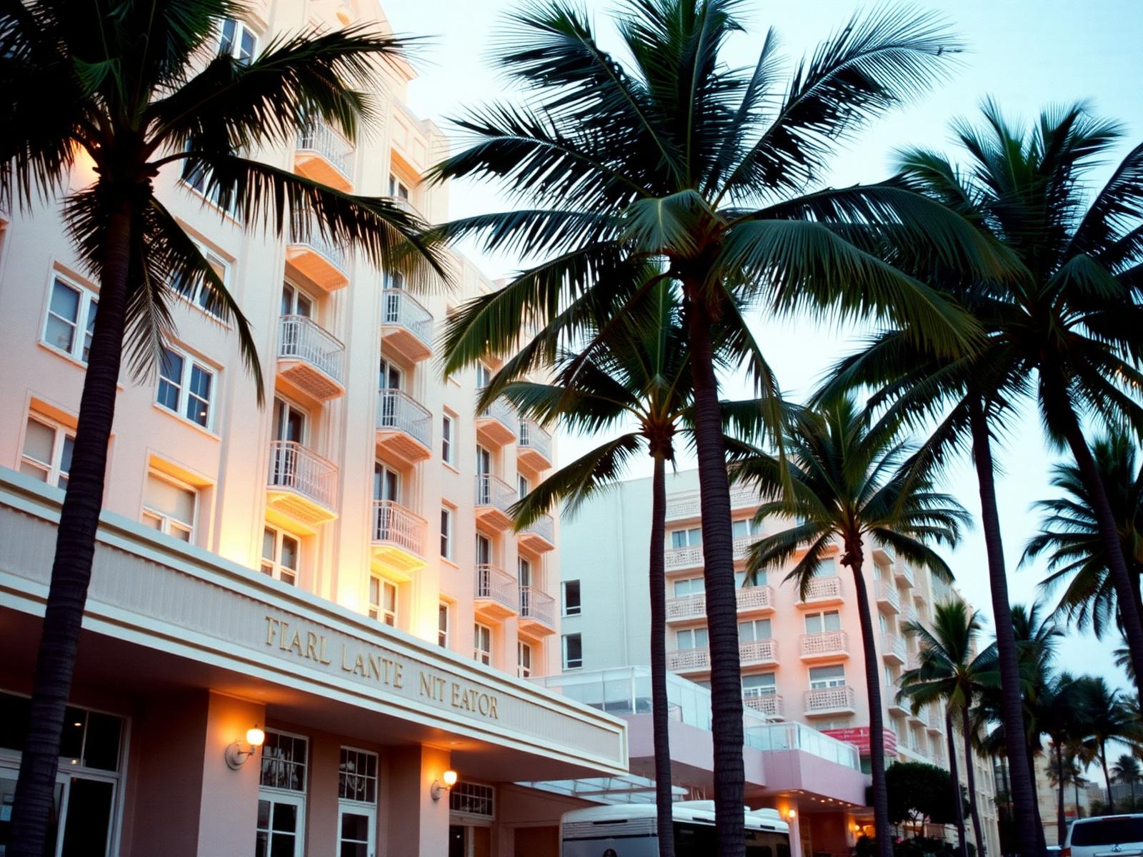Edificios art déco y palmeras de Miami Beach al anochecer