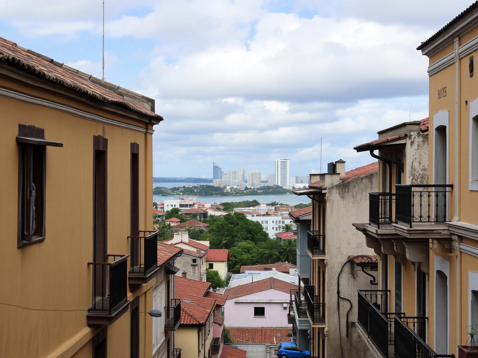 Calle en pendiente del casco antiguo de Panamá con la bahía al fondo