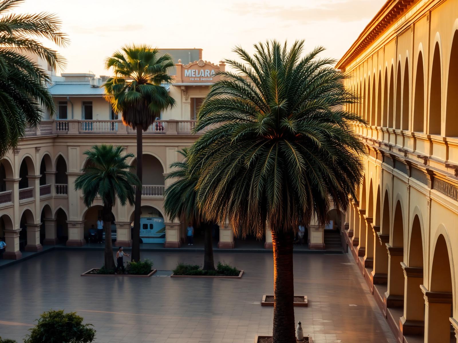 Plaza con palmeras y galerías de arcos en Santa Cruz de la Sierra