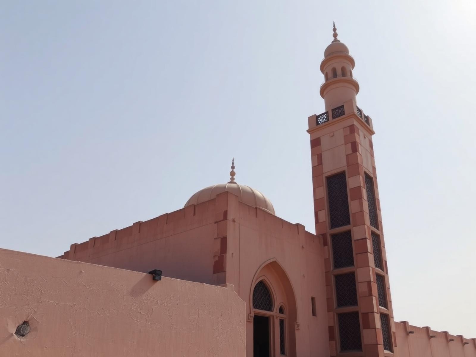 Mezquita de Sokoto con su minarete claro bajo un cielo blanquecino