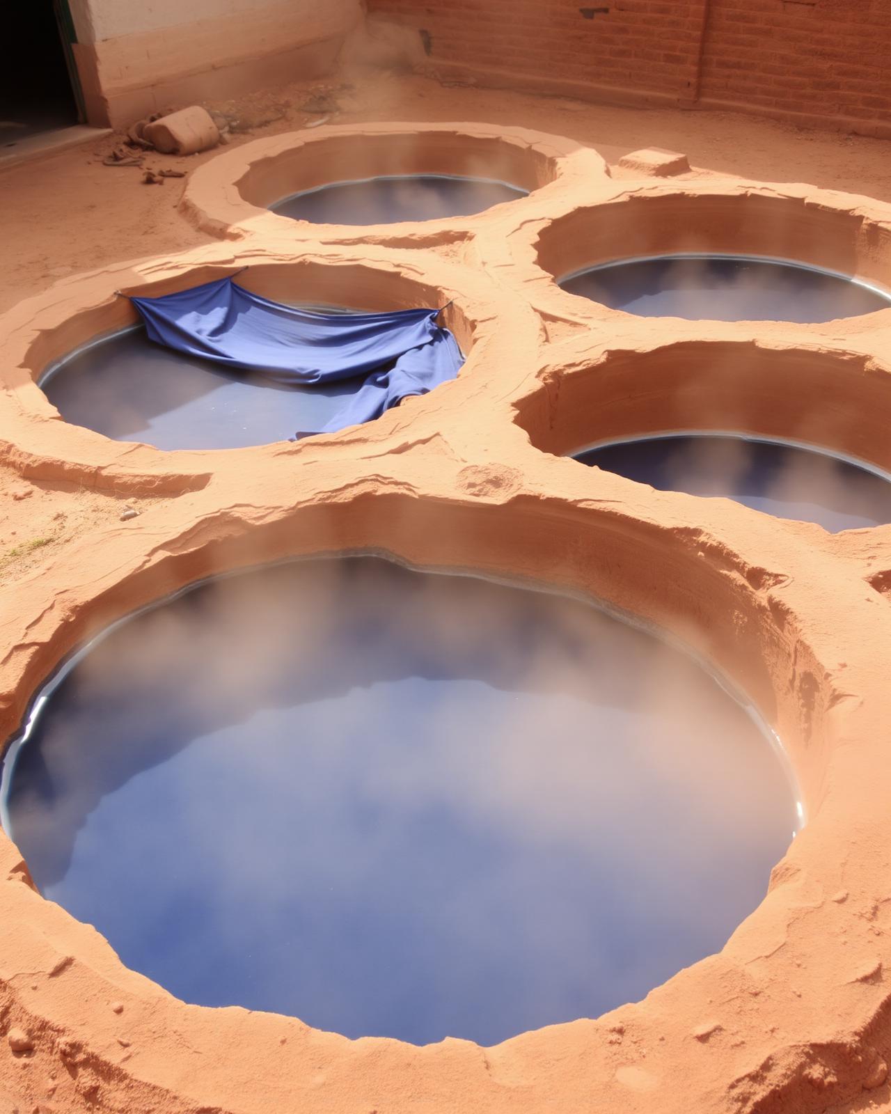 Pozos circulares de tinte índigo en Kano con telas secándose al sol