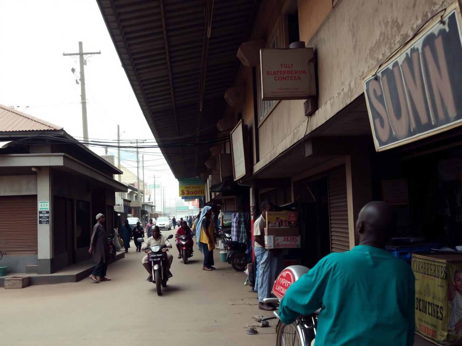 Calle comercial de Kaduna con locales, motocicletas y transeúntes