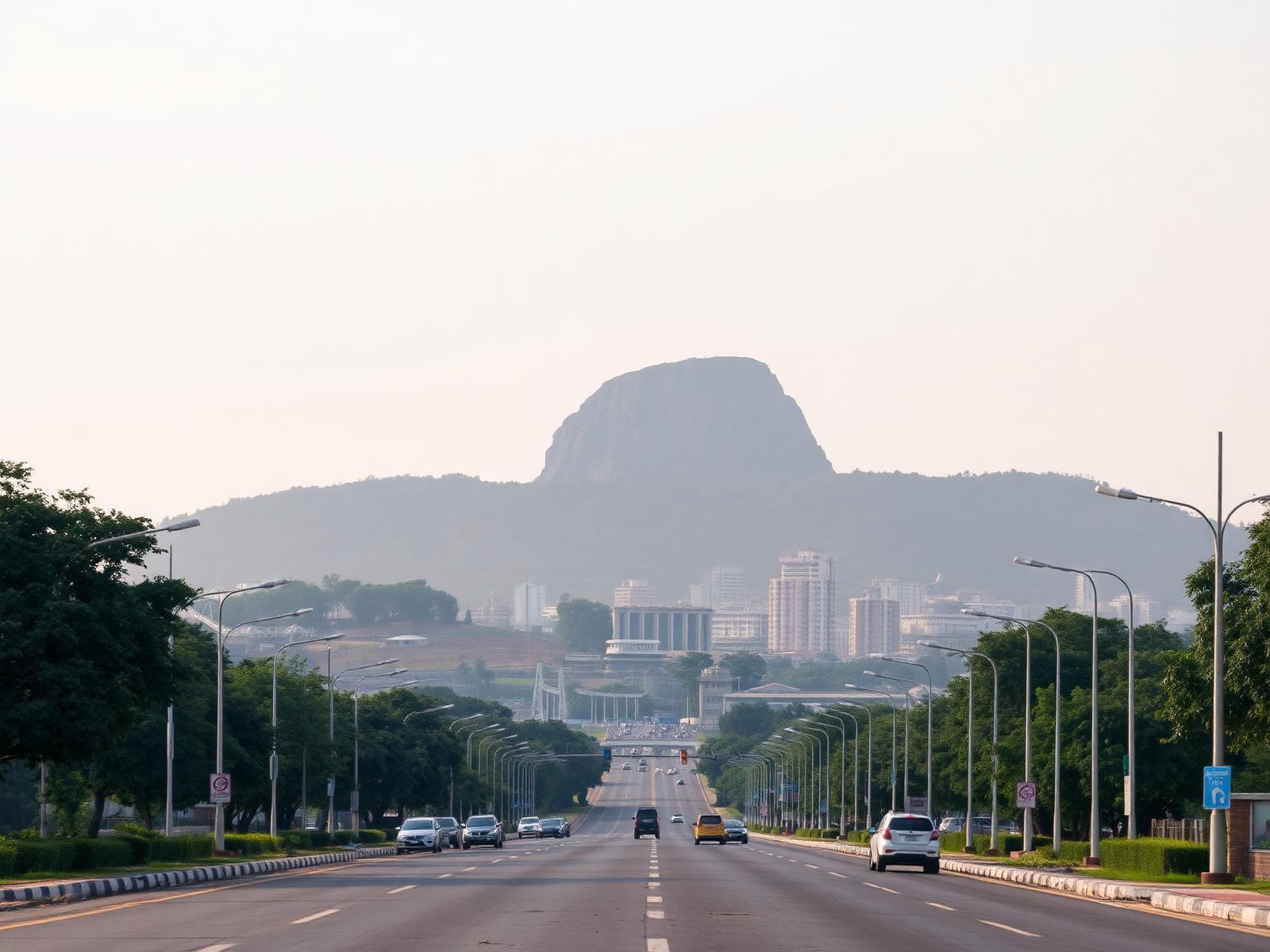 Avenida de Abuya con la roca de Aso Rock al fondo entre la bruma