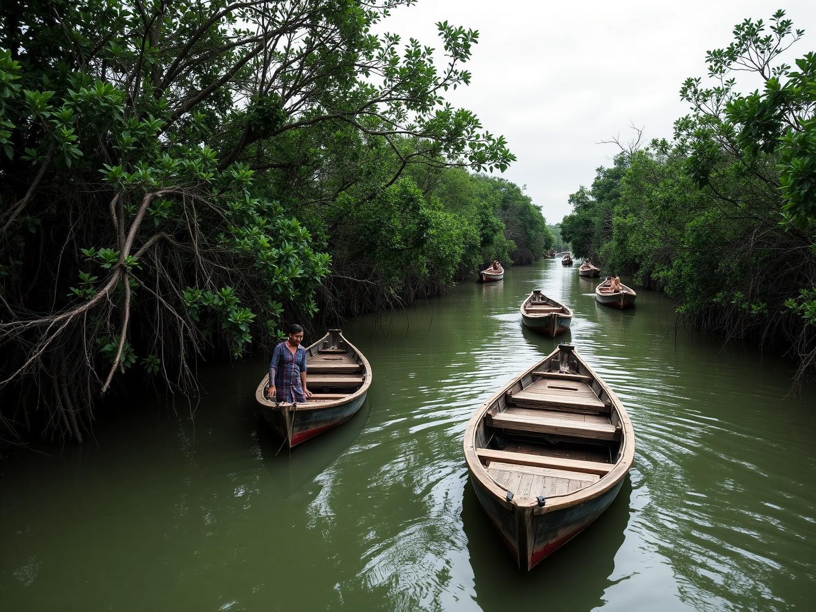 Canal entre manglares del delta del Níger con canoas de madera