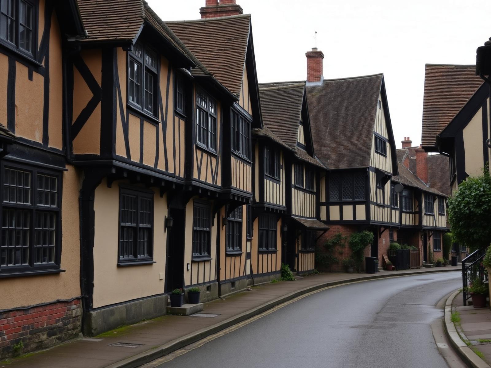 Casas Tudor con entramado de madera en una calle de Stratford-upon-Avon