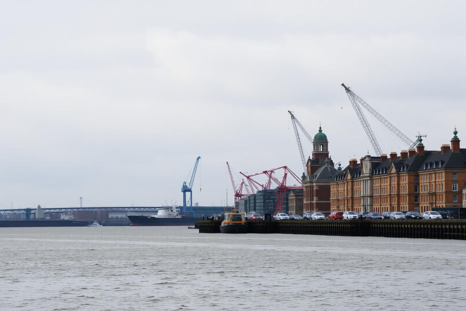Muelles de Liverpool con grúas y edificios victorianos junto al estuario