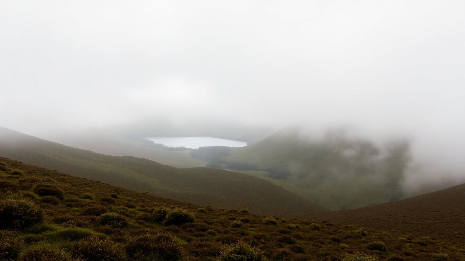 Valle de Glentrool con lago y colinas de brezo entre la niebla