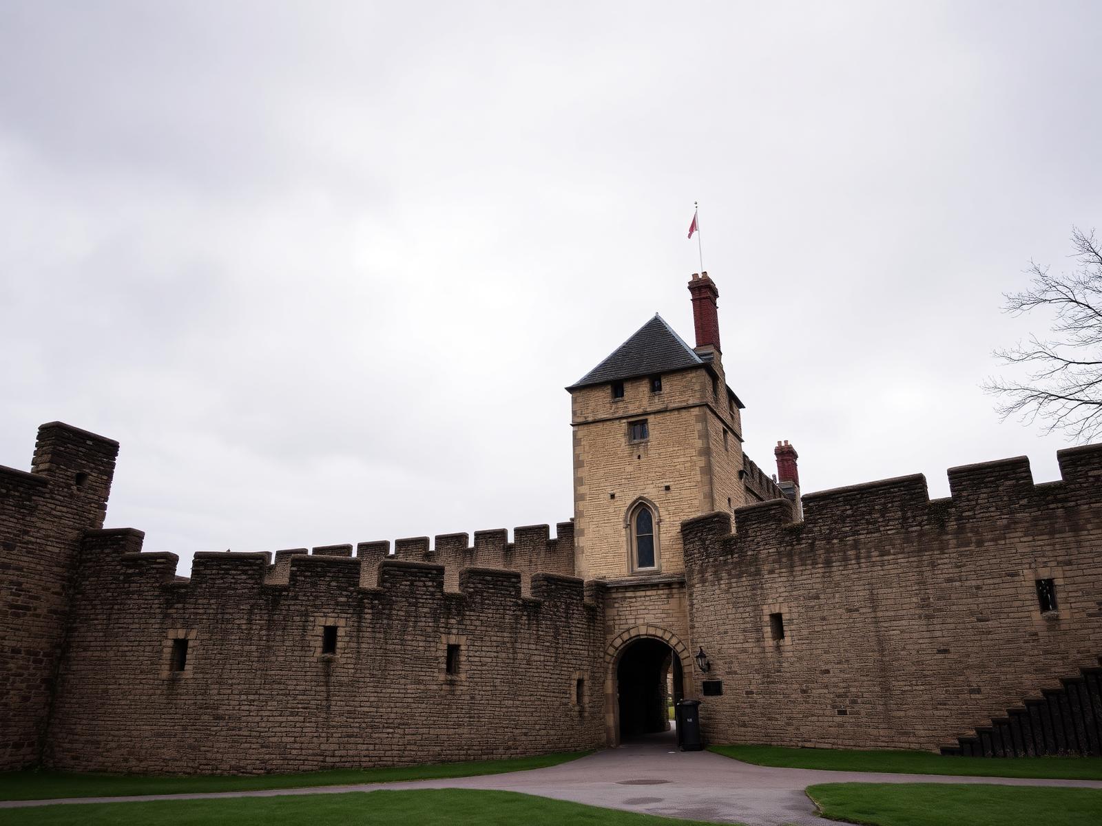 Torre y muralla de piedra del castillo de Lancaster bajo cielo cubierto