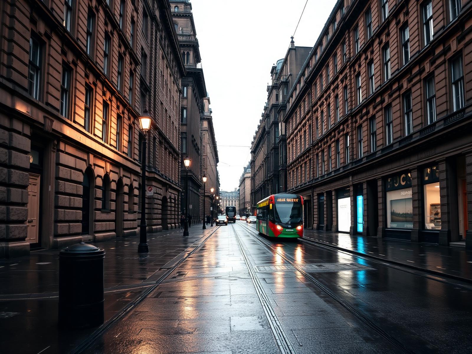 Calle céntrica de Glasgow con arquitectura victoriana y pavimento mojado