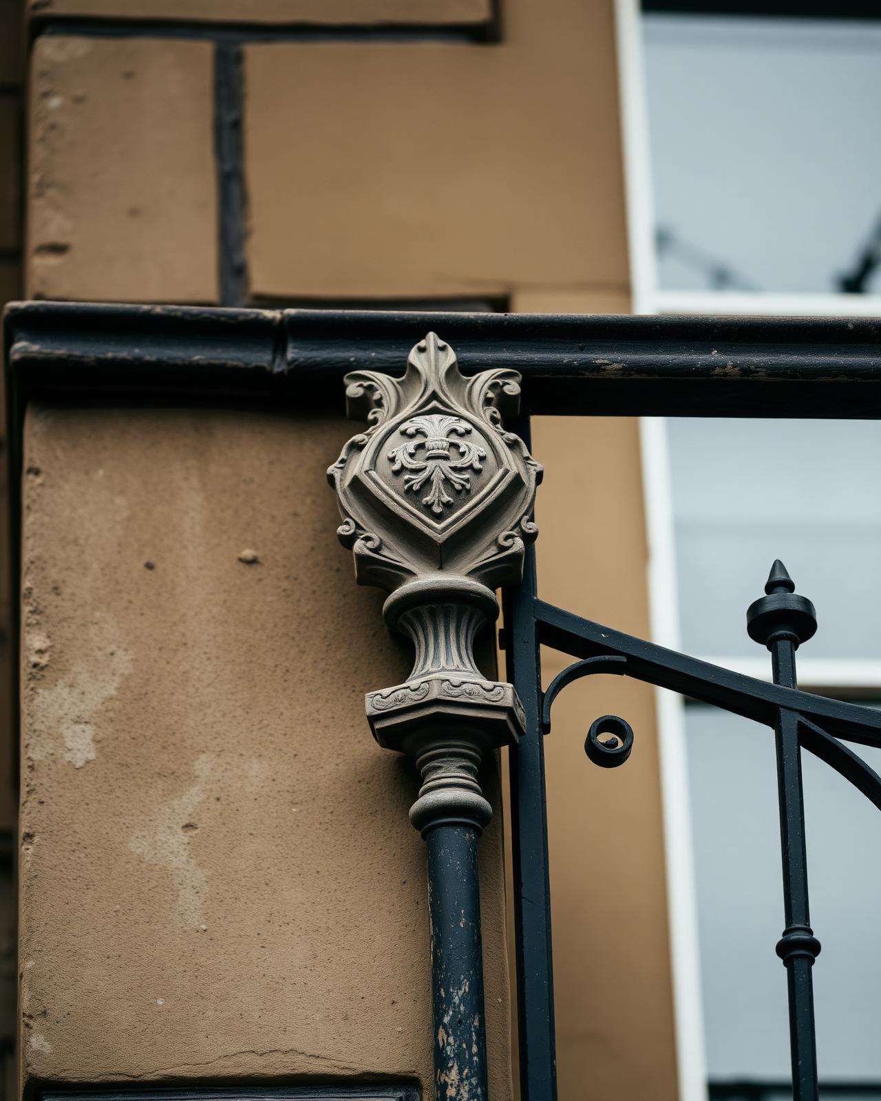 Detalle de un remate ornamental de piedra y una reja de hierro forjado