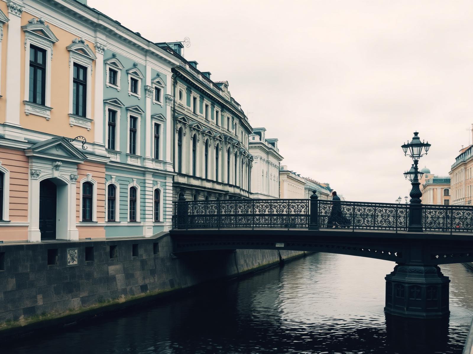 Canal de San Petersburgo con fachadas neoclásicas y puente de hierro fundido