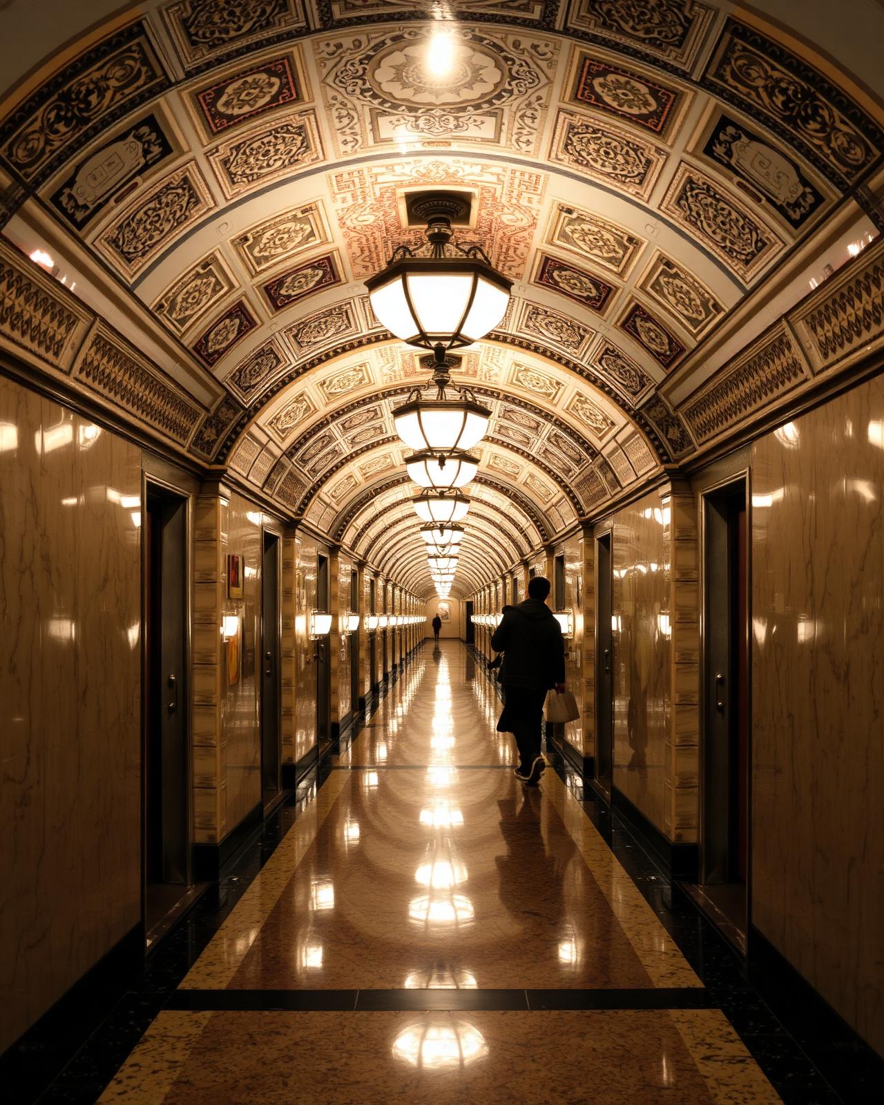 Vestíbulo abovedado de mármol y mosaico de una estación del metro de Moscú