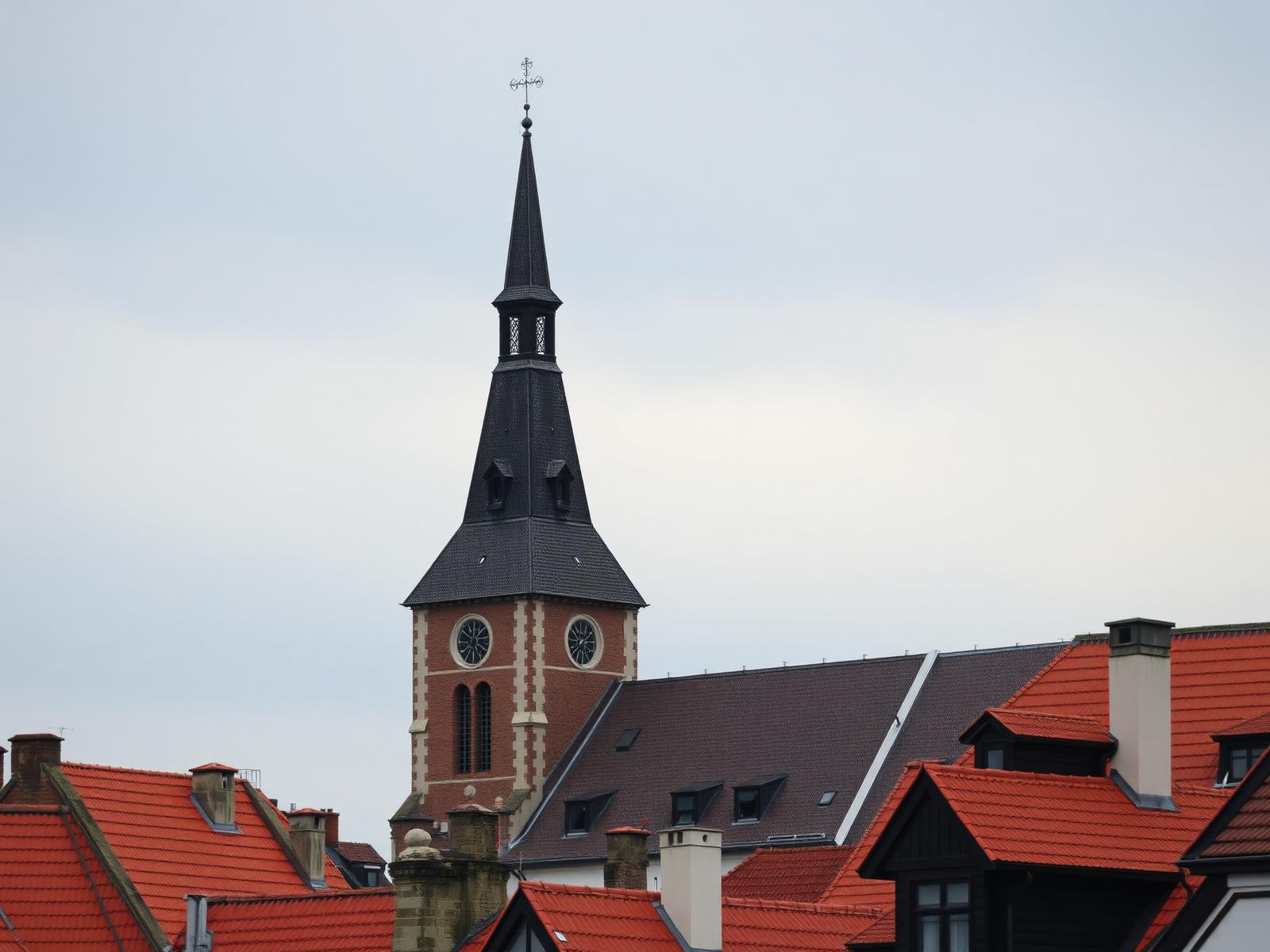 Tejados rojos y campanario del casco medieval de Tallin bajo cielo gris