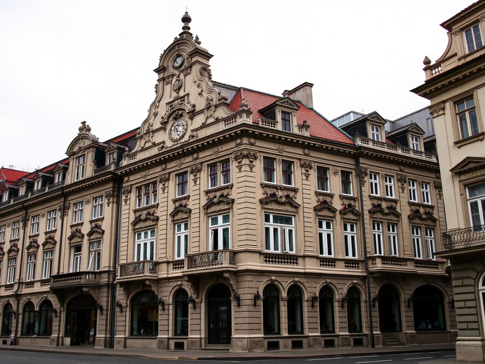 Fachadas art nouveau de una calle de Riga con ornamentación de piedra