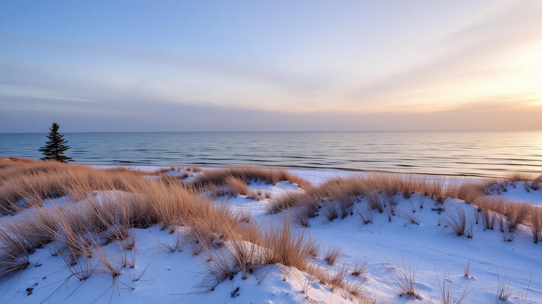 Orilla del mar Báltico con dunas, pinos y agua gris bajo luz de invierno