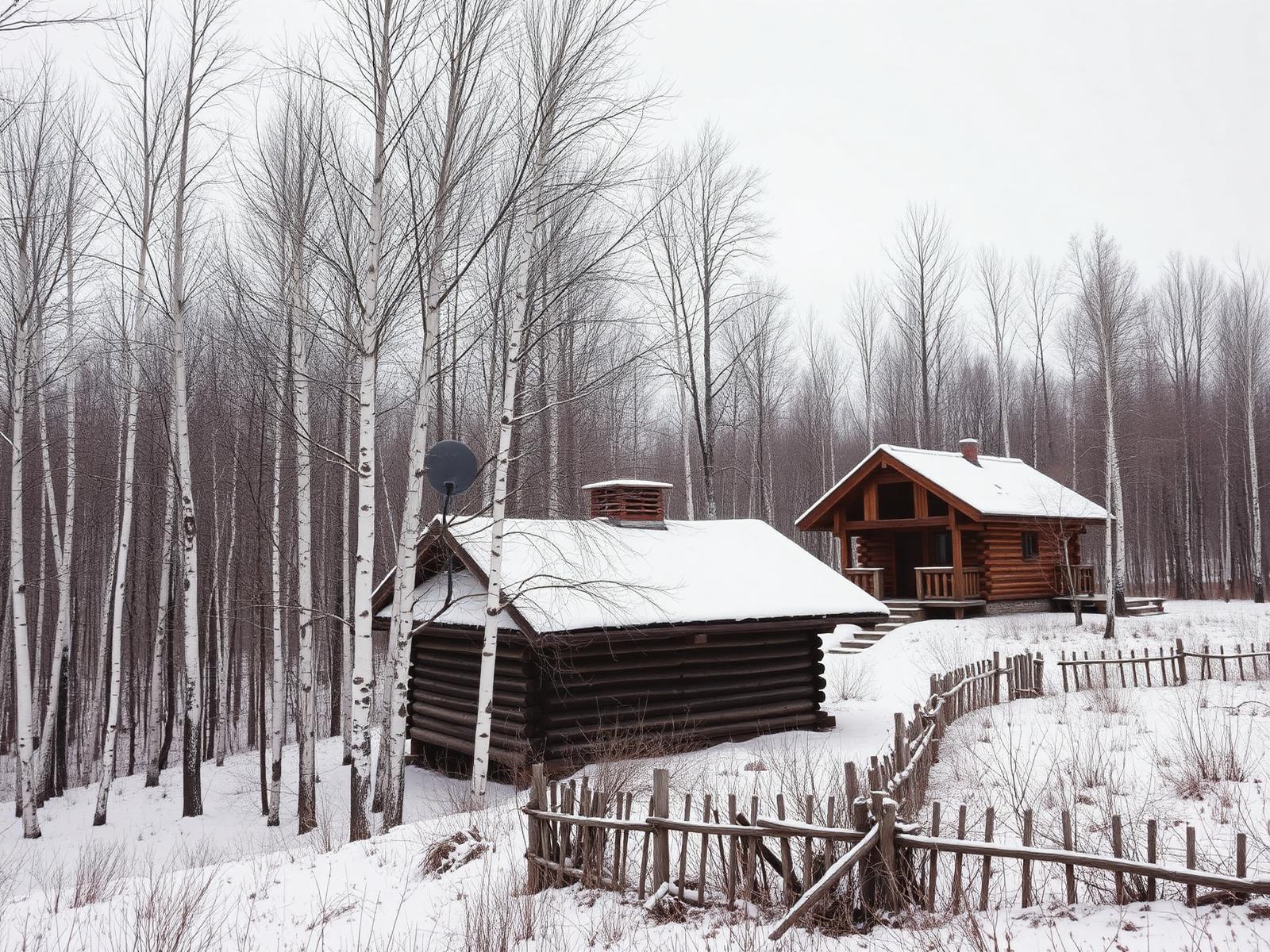 Bosque de abedules nevado con una casa de madera al fondo