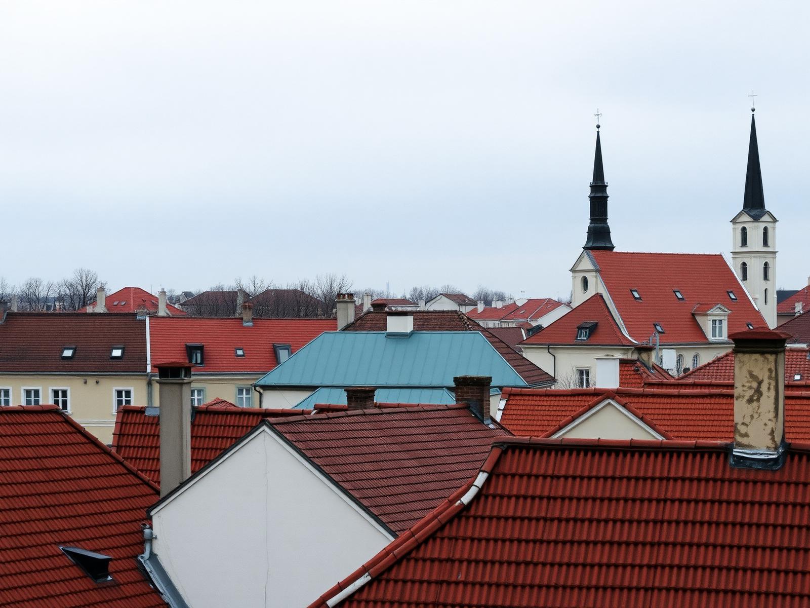 Tejados de teja roja y campanarios del casco antiguo de Riga bajo cielo cubierto