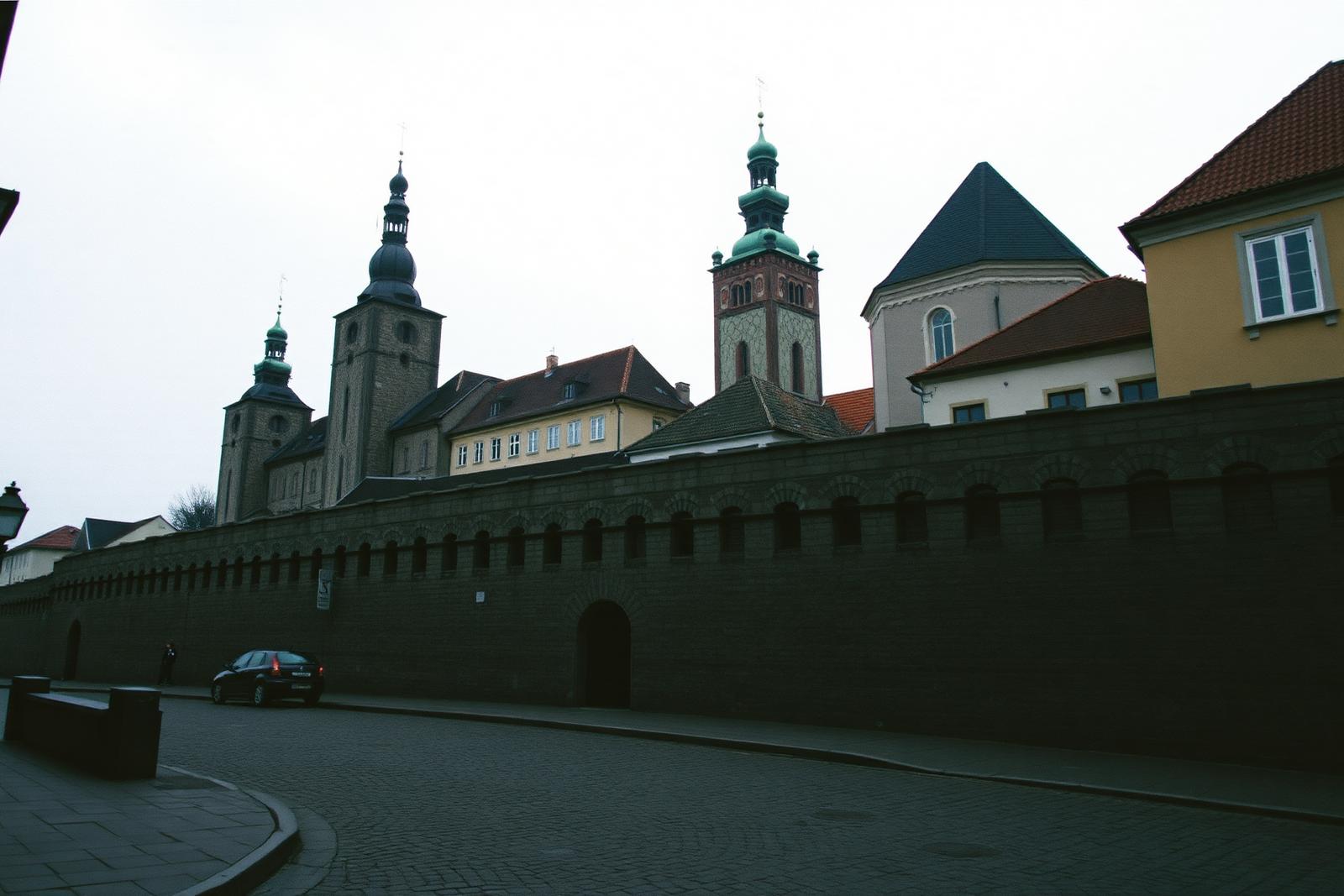 Muralla medieval y torres del casco antiguo de Tallin junto a una calle empedrada