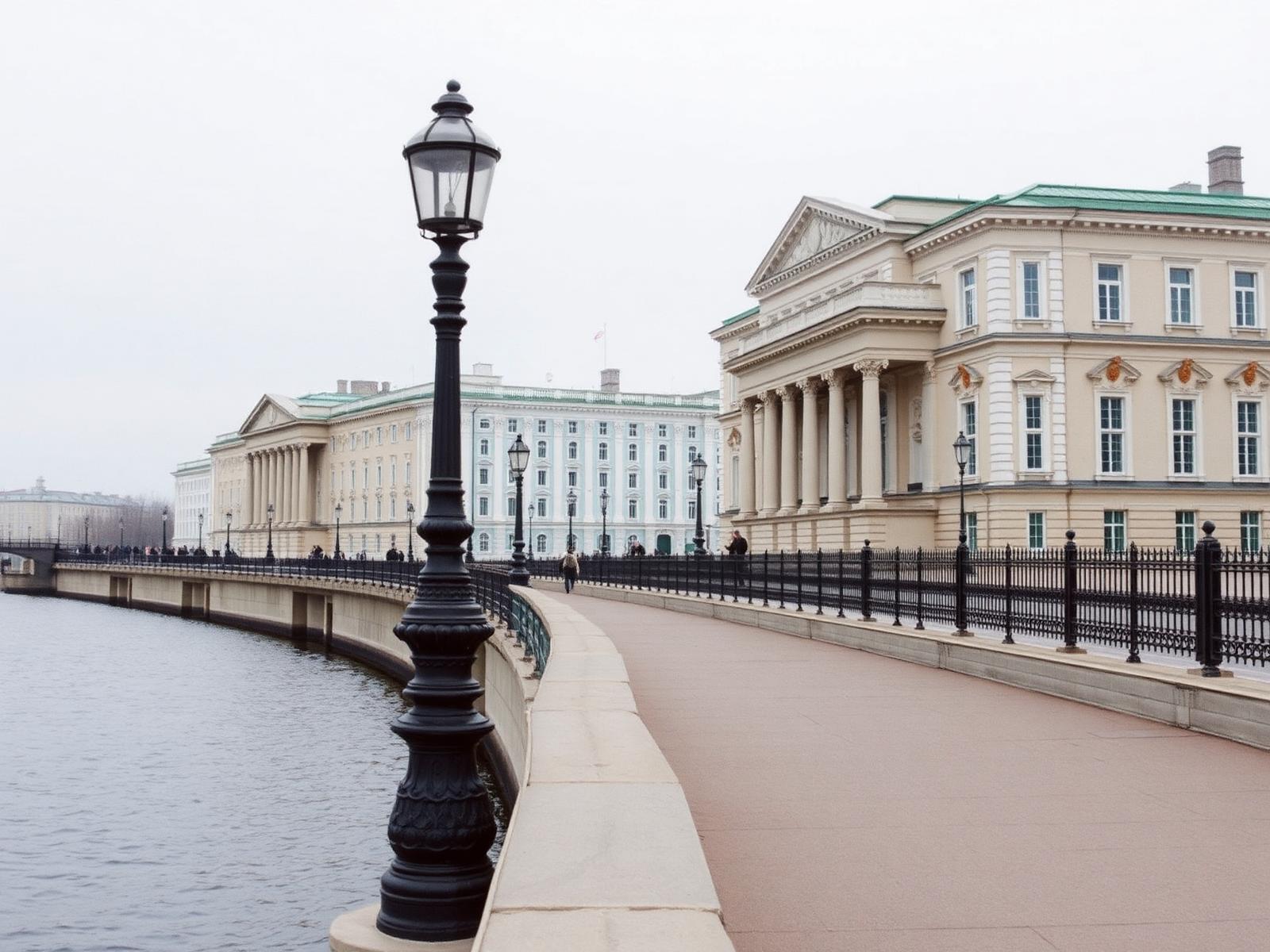 Malecón de un canal de San Petersburgo con farola de hierro y fachadas neoclásicas