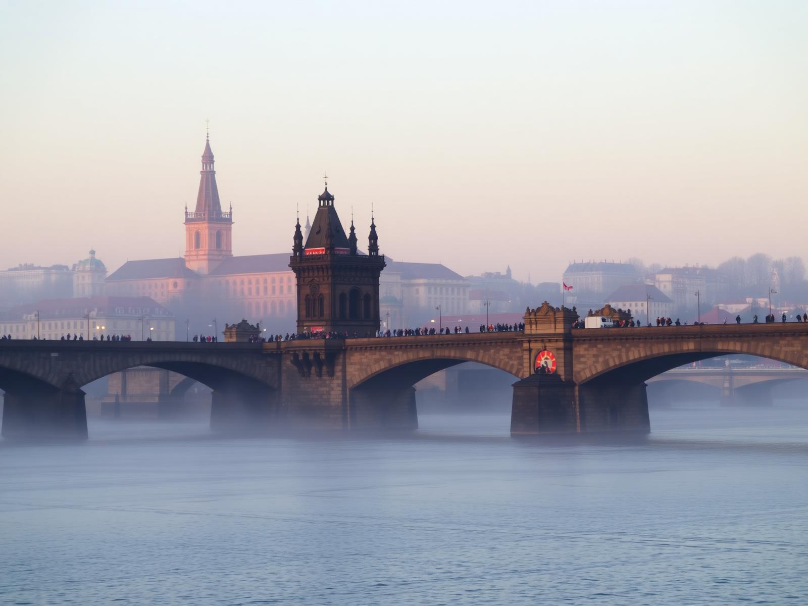 Puente de piedra y torres barrocas de Praga con niebla sobre el río