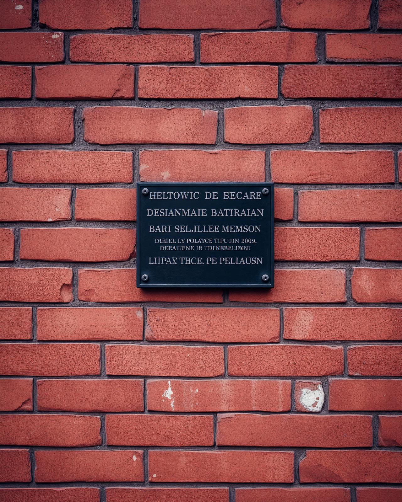 Placa conmemorativa sobre un muro de ladrillo desgastado