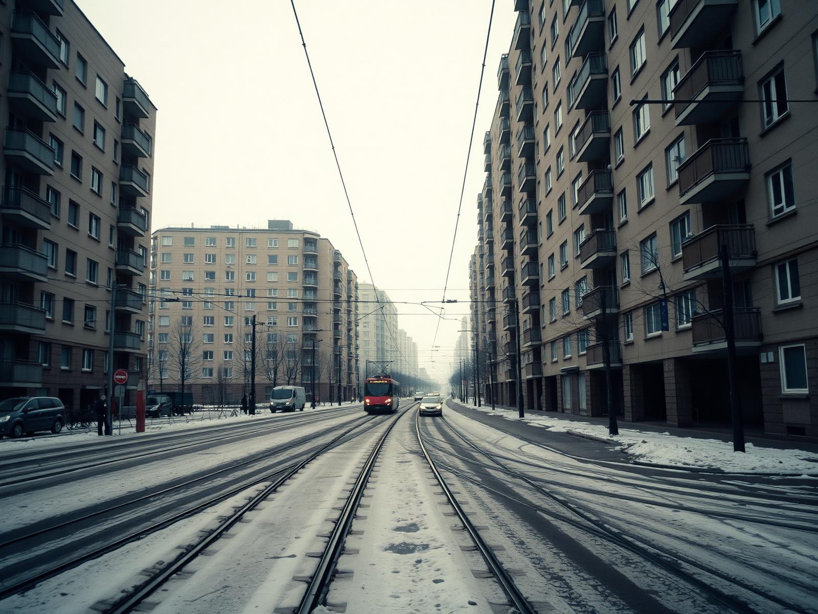 Avenida con bloques de vivienda de posguerra y vías de tranvía nevadas