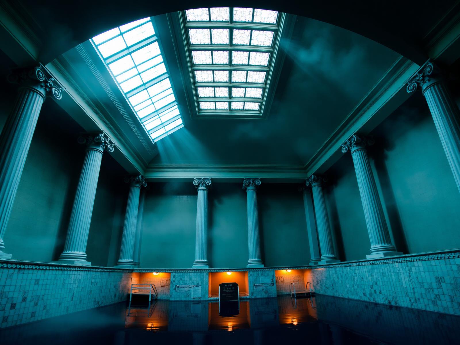Sala de baños termales con columnas y lucernario, con vapor en el aire