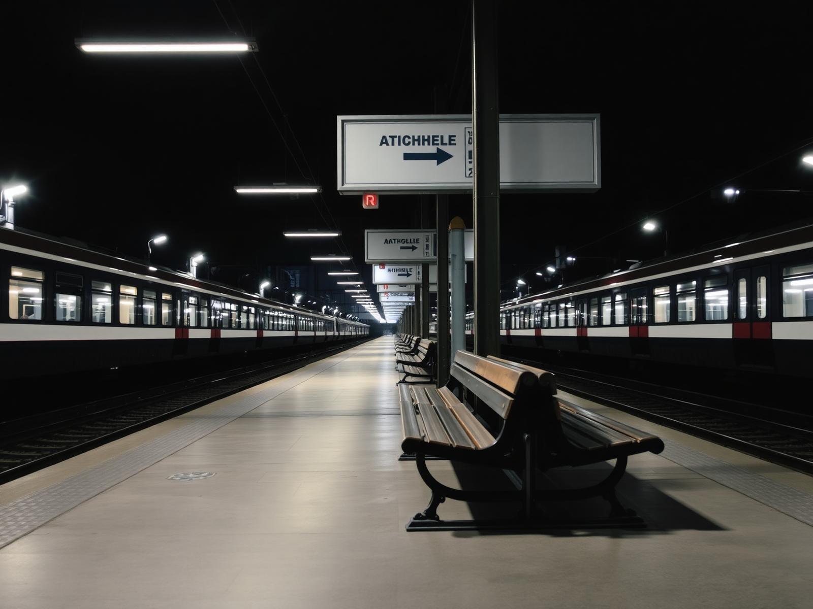 Andén de estación centroeuropea de noche con bancos vacíos