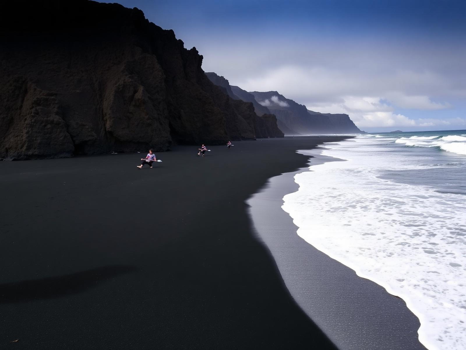 Playa de arena volcánica negra con acantilados oscuros y oleaje atlántico