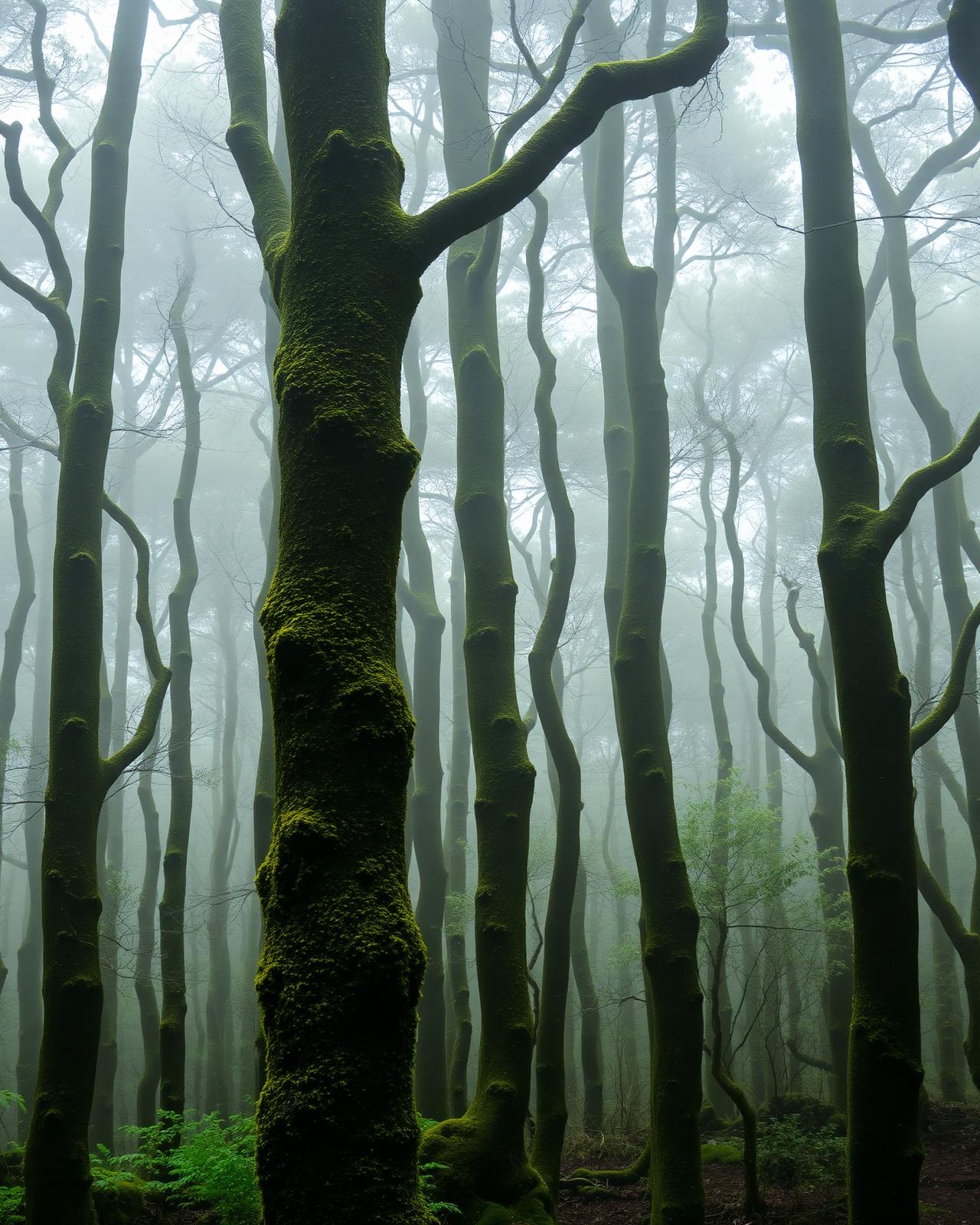 Bosque de laurisilva con troncos cubiertos de musgo entre la niebla