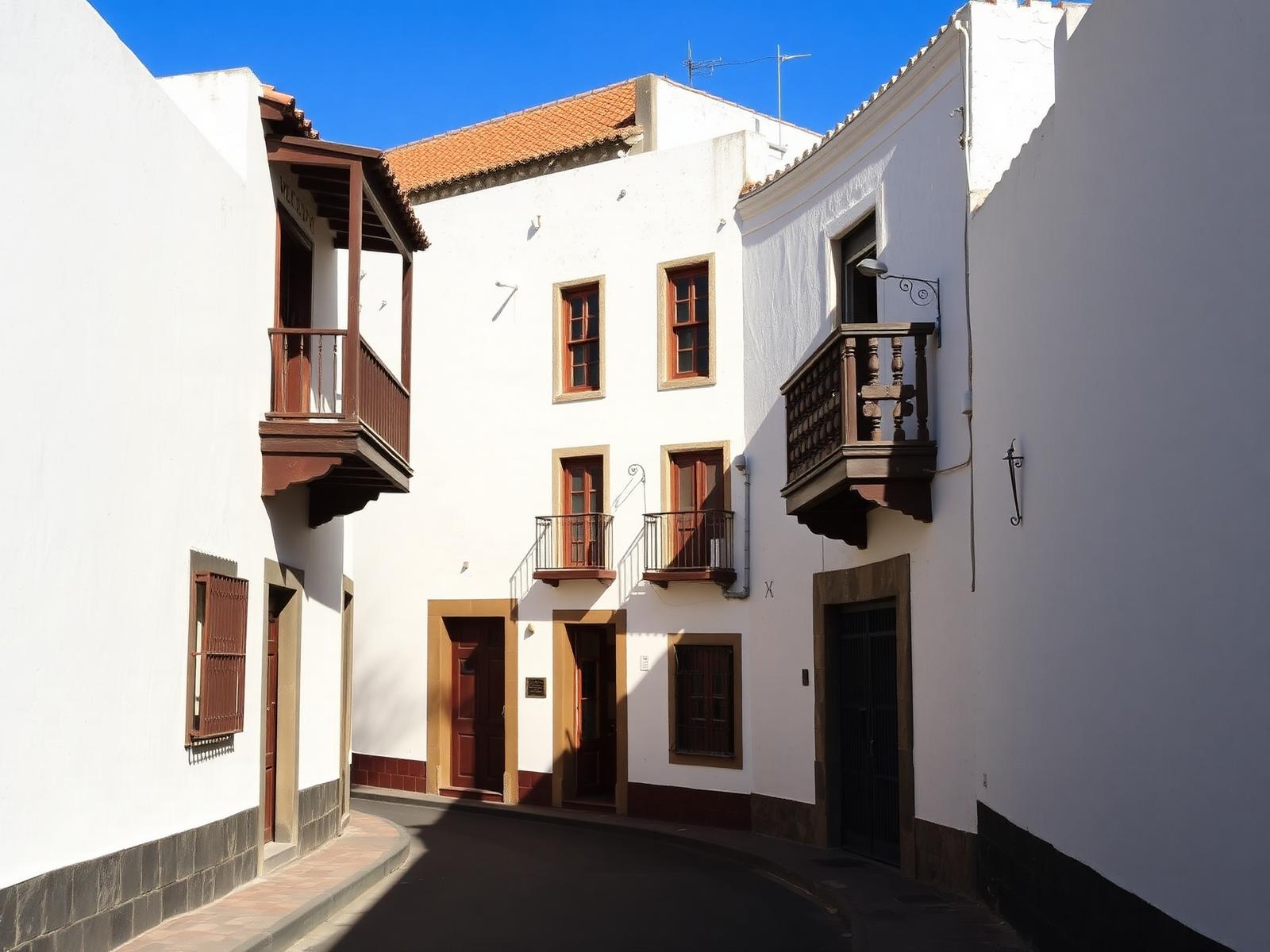 Calle de casas blancas con balcones de madera en La Laguna