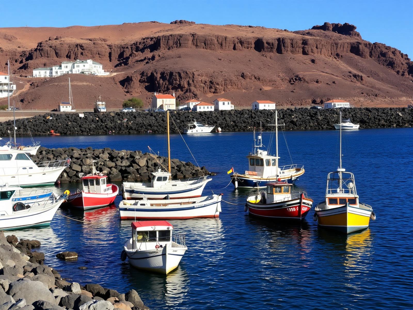 Puerto pesquero canario con barcas amarradas y escollera de roca volcánica