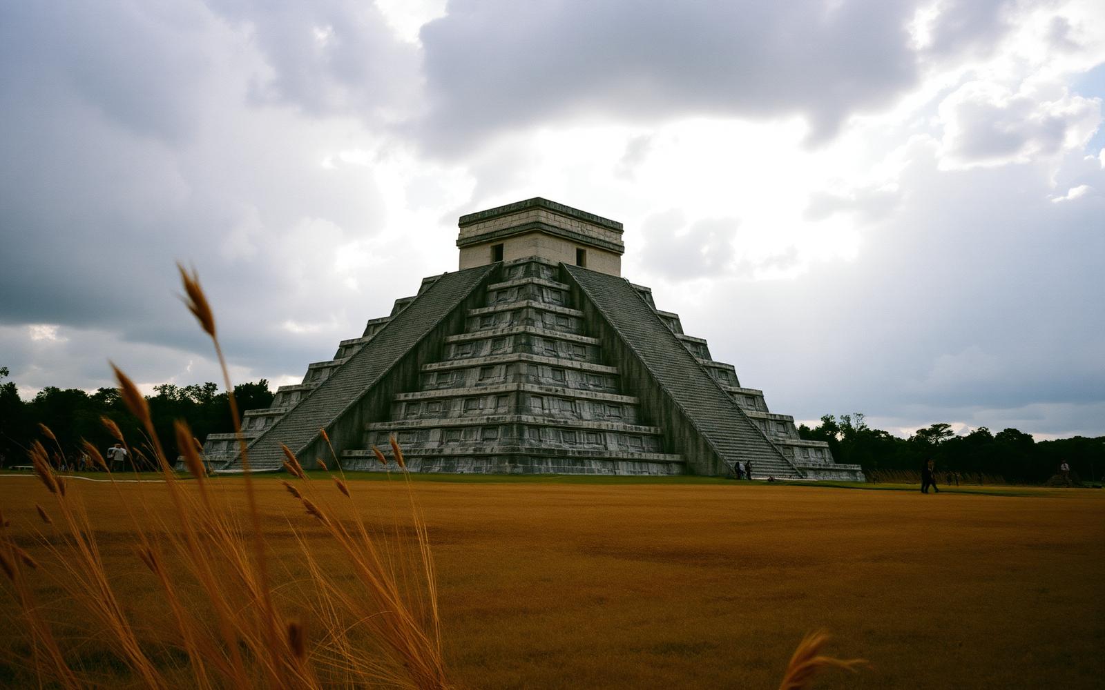 Pirámide de Kukulkán en Chichén Itzá bajo un cielo cargado de nubes