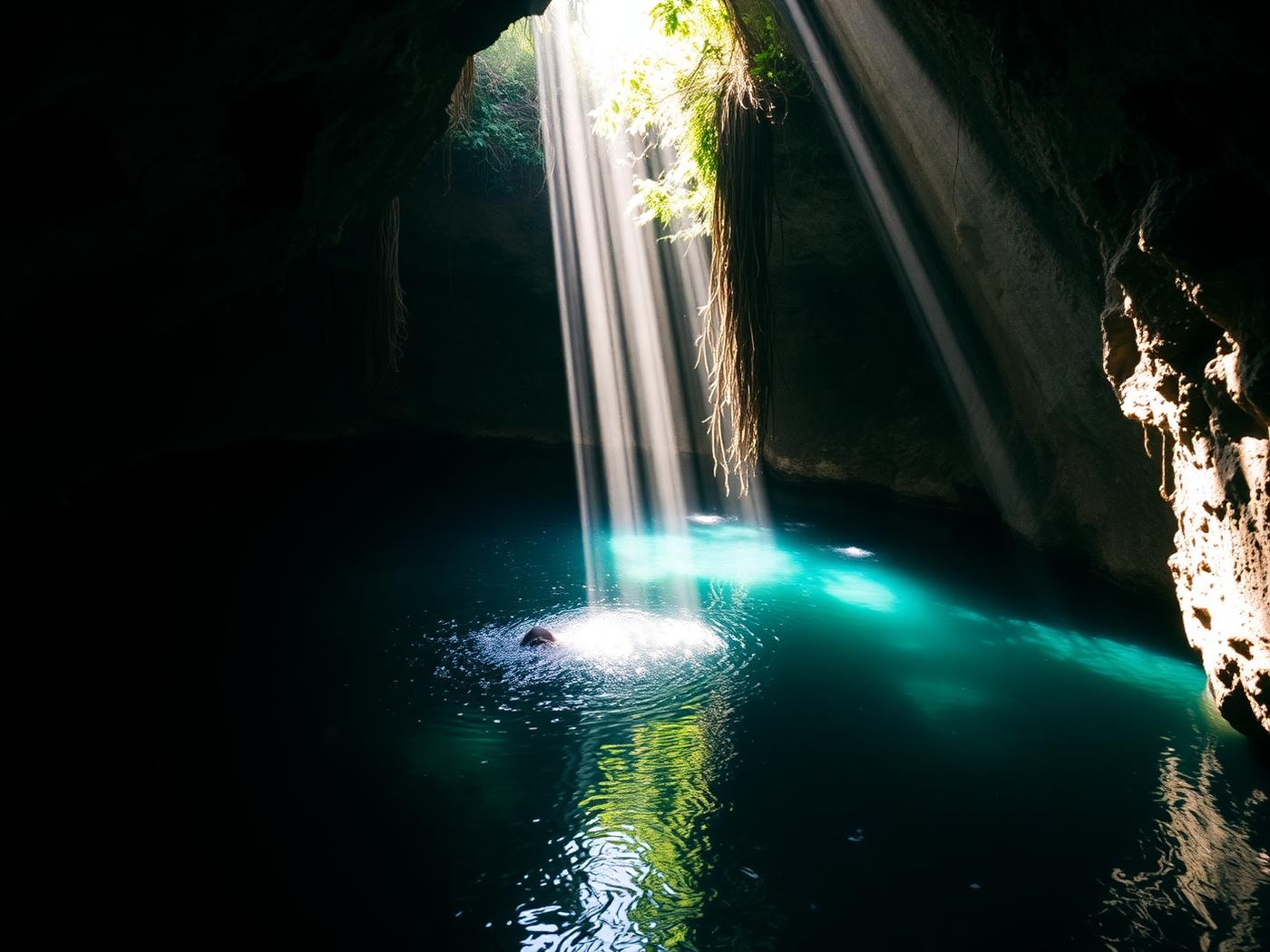 Cenote de agua turquesa en la selva de Yucatán con un haz de luz entrando desde arriba