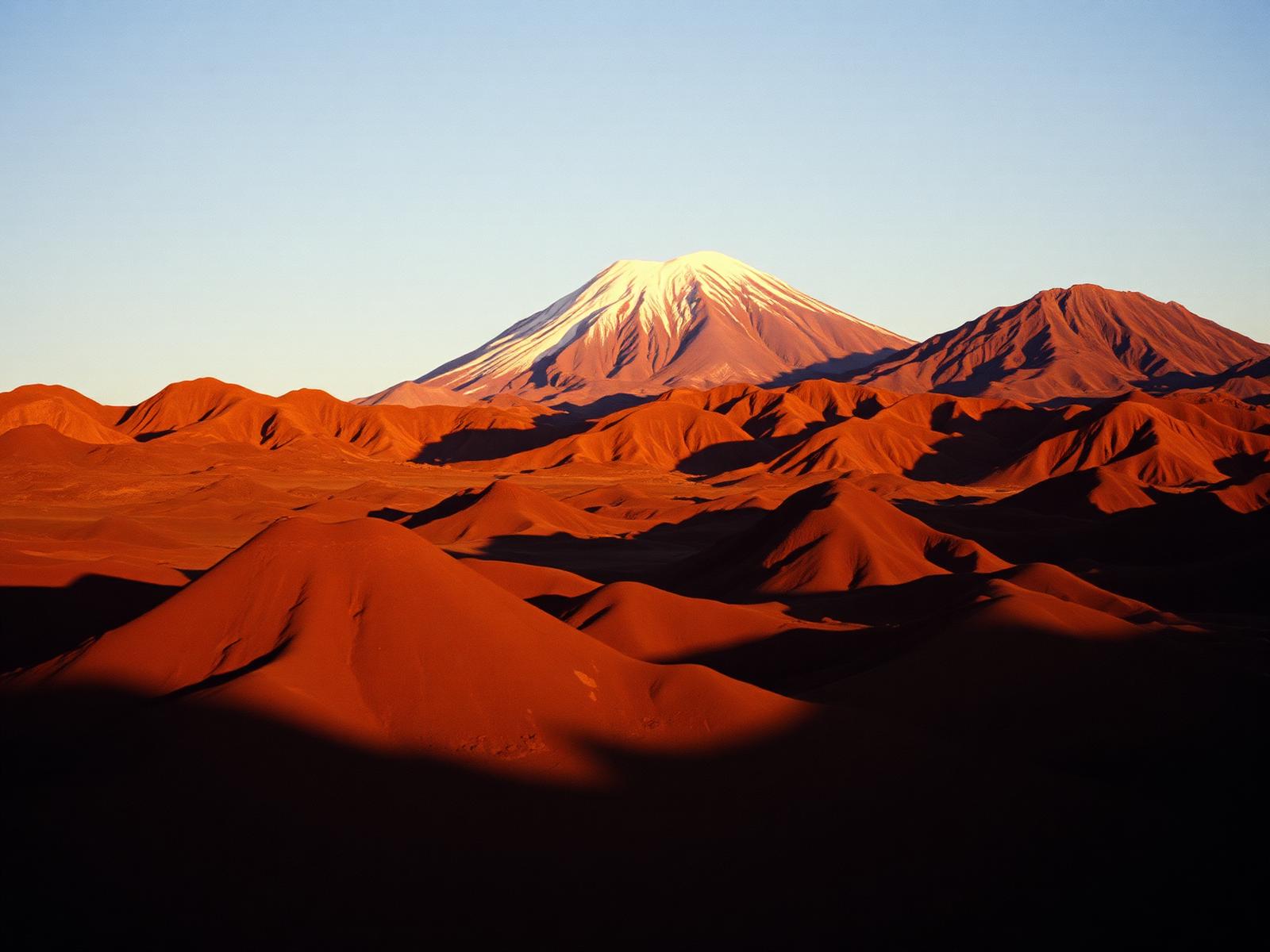 Paisaje volcánico de Tenerife con el pico del Teide sobre laderas rojizas a la luz del atardecer
