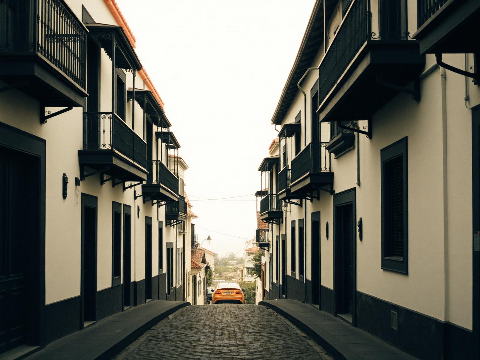 Calle empedrada de La Orotava con balcones canarios de madera y bruma atlántica al fondo