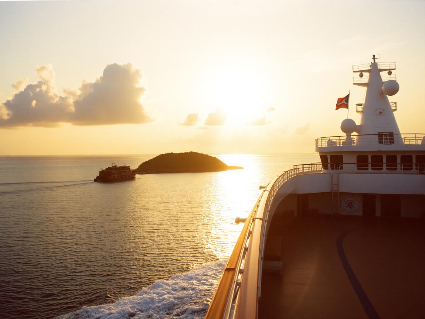 Cubierta de un crucero al amanecer acercándose a una isla del Caribe