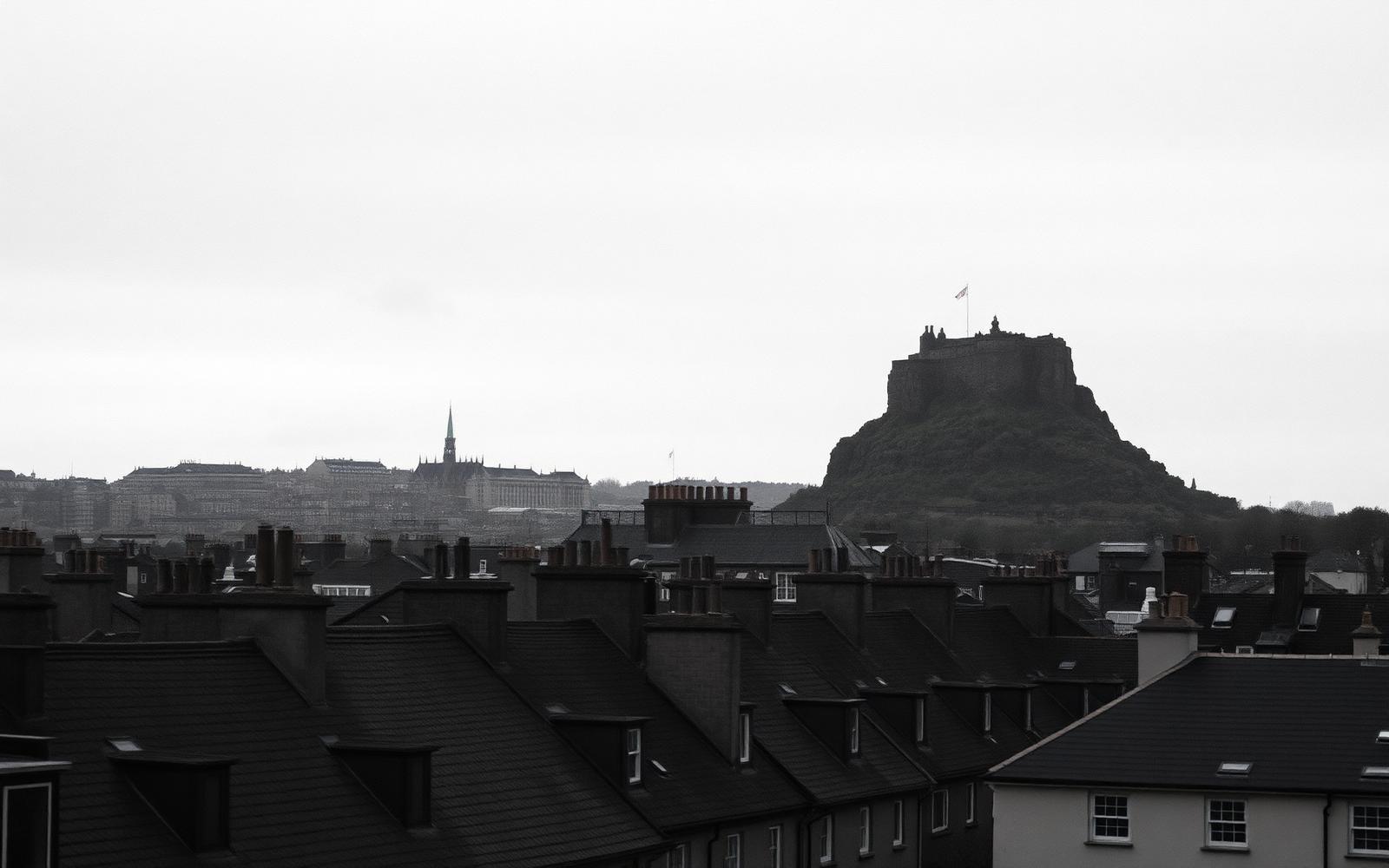 Tejados del casco antiguo de Edimburgo con el castillo sobre la roca bajo cielo gris