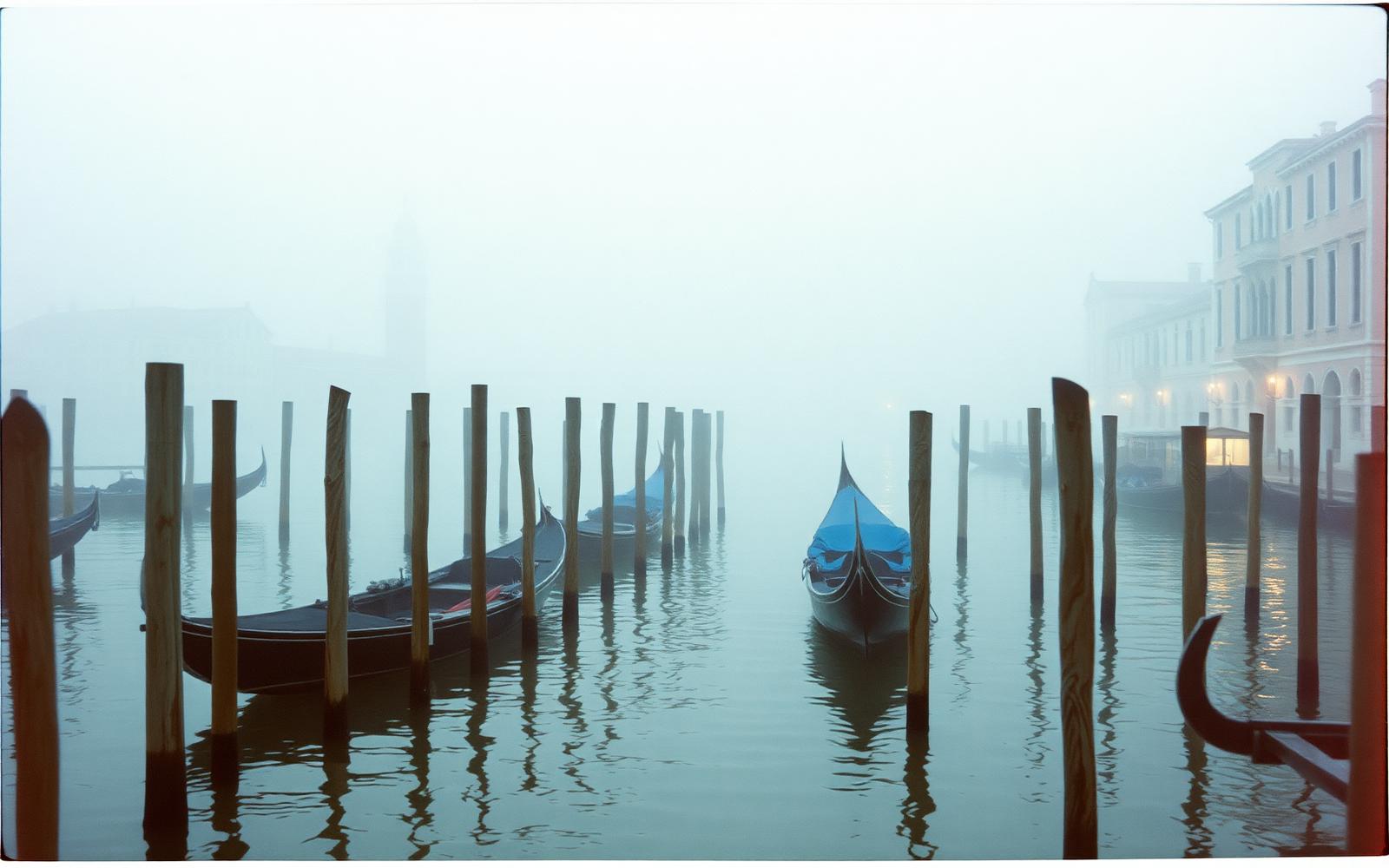 Góndolas amarradas en un canal de Venecia con niebla al amanecer