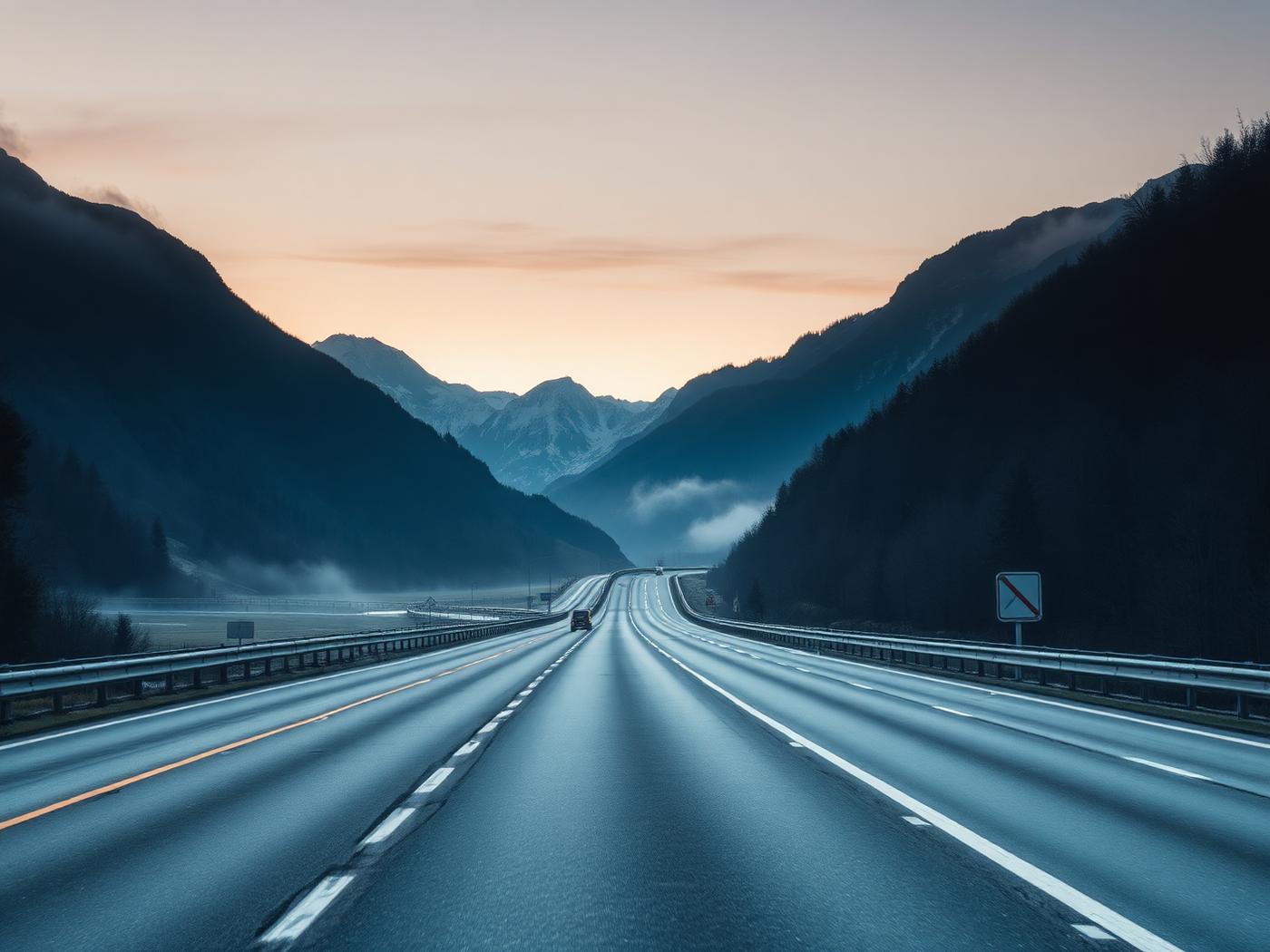 Autopista europea cruzando un paso alpino al amanecer entre montañas y niebla