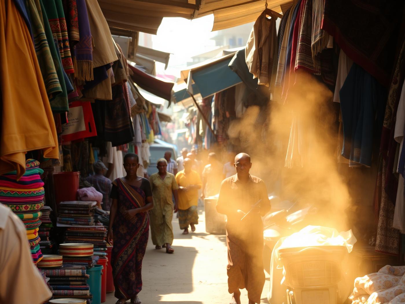 Calle de mercado en Nigeria con textiles de colores y luz dorada polvorienta
