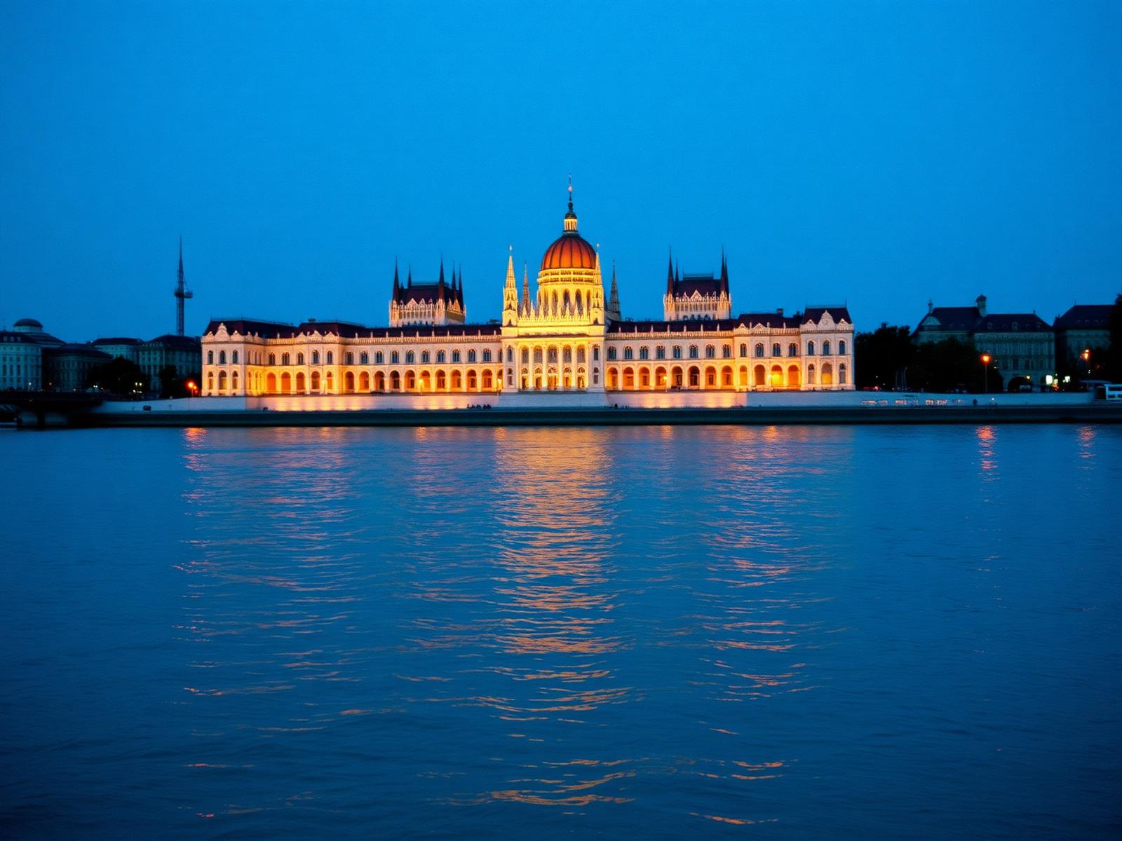 Parlamento de Budapest iluminado sobre el Danubio a la hora azul