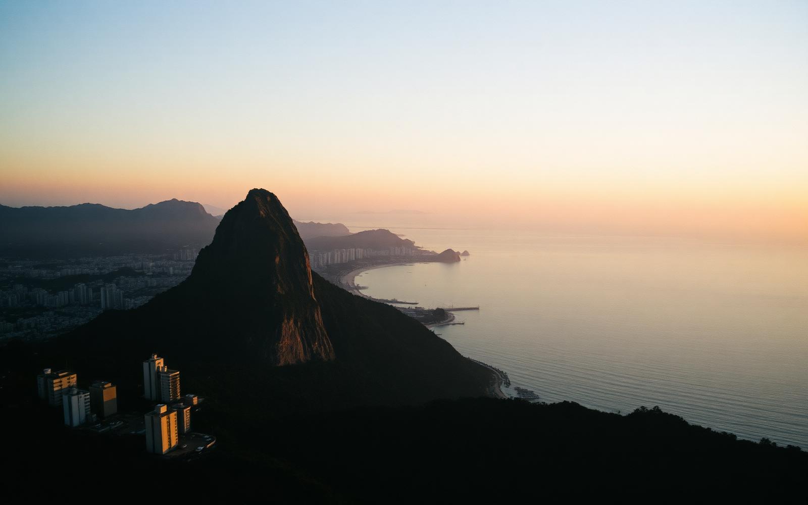 Bahía de Río de Janeiro al atardecer con los morros y el litoral en penumbra